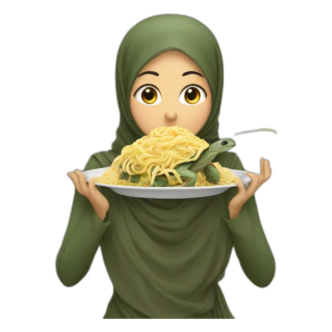 Hijab eating noodles on a turtle sticker