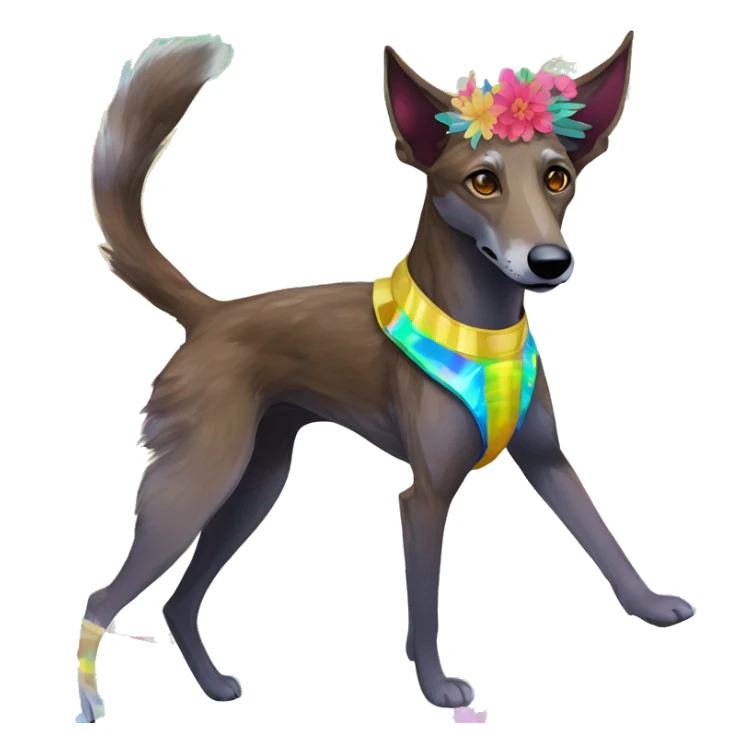  brindle brown black maroon gold lurcher Alsatian fox running blue eyes and iridescent holographic oilslick harness wearing paper iridescent tropical flower crown yellow caution tape sticker