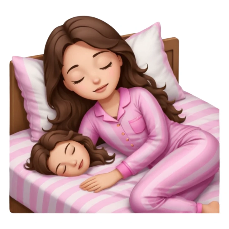 Brunette girl with long wavy brown hair with brown eyes and sleeping on a withe bed with cute pink pjs (just one whirl) and with closed eyes sticker