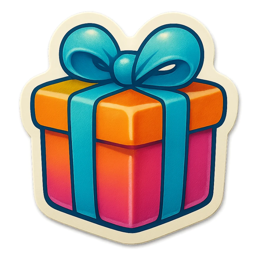 single gift box symbol, cartoon style sticker, simple and clear, no text sticker