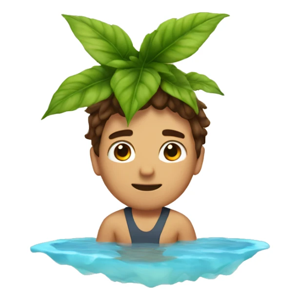 A guy sitting wearing a bathing suit with a large potted plant next to him he has brown hair sticker
