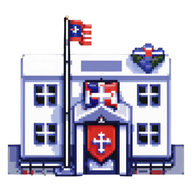 Hospital building with Thai flag on flagpole, medical cross symbol, red white blue striped flag of Thailand sticker