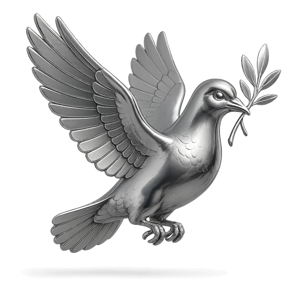 chrome style pigeon flying in profile with a branch in its beak, wings outstretched, highly reflective and metallic sticker