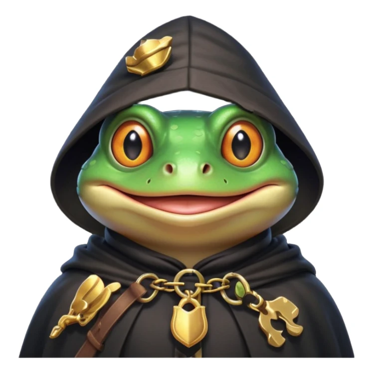 thief frog portrait, head and shoulders only, sly grin, dark cloak collar, mischievous burglar vibe, 3D cartoon, mobile game icon style, clean background, no text, no watermark
 sticker