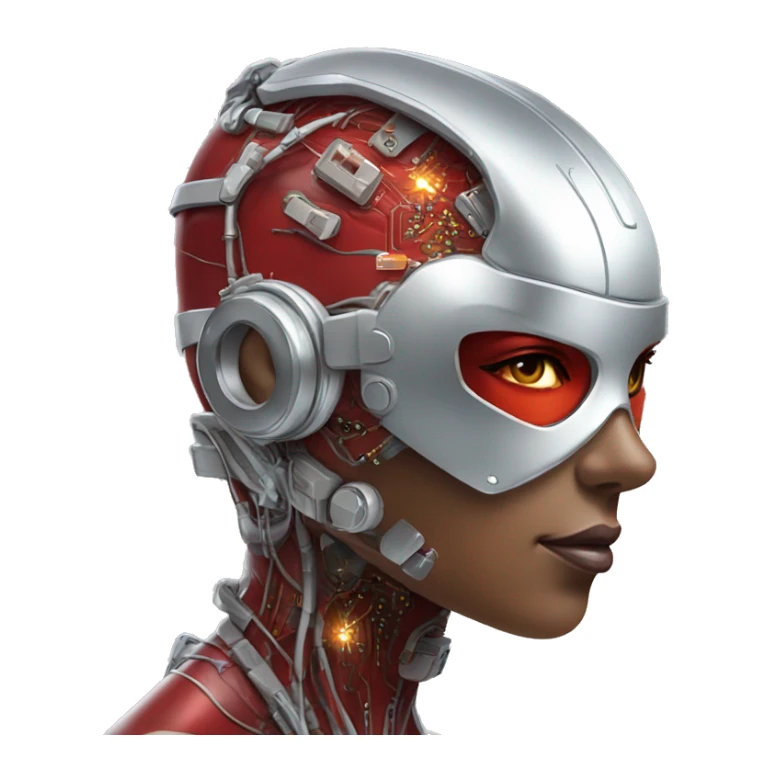 Red skin female cyborg head with silver goggles, silver circuits sticker
