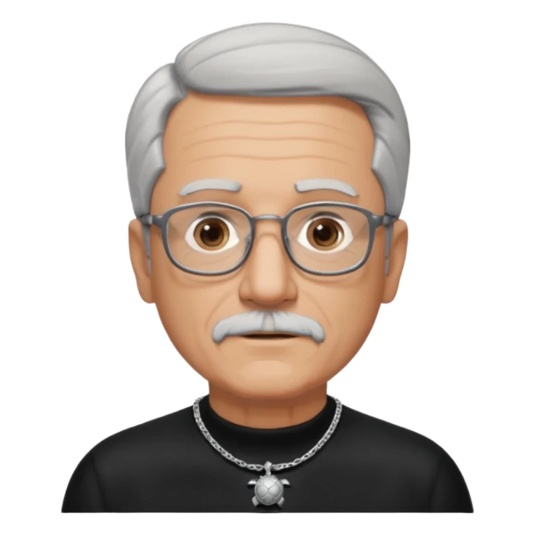 Tony Barceló is a strong, lively man in his 70s with short, neatly combed gray hair and a trimmed goatee. He has a broad face, square glasses, and a confident presence. He wears a black outfit with a silver turtle necklace, reflecting his thoughtful, creative energy as a writer. sticker