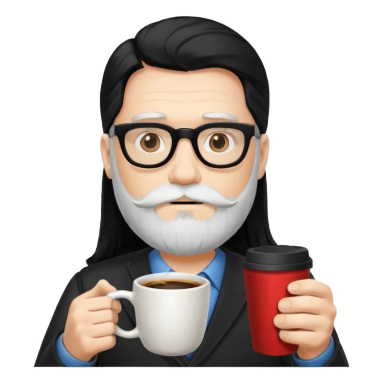 men with white bearded long black hair  with opticals  on holding coffee cup sticker