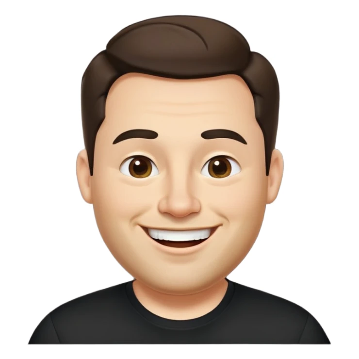 Fuller-figured businessman with light brown complexion, pear-shaped face with wider jawline, very friendly open expression, laughing smile, kind approachable eyes, thick eyebrows, wide nose, short neat beard, short dark hair, wearing a black shirt sticker