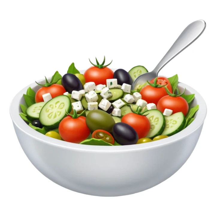 mediterranean salad bowl object icon, tomatoes, cucumbers, olives, feta cheese, olive oil dressing, 3D cartoon, mobile game icon style, clean background, no text, no watermark
 sticker
