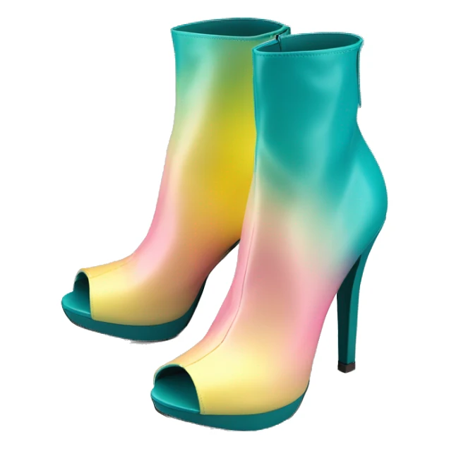 Realistic isolated top view of a pair of dark turquoise paste yellow and light pink ombre peep toe high heel ankle bootie boots.  sticker