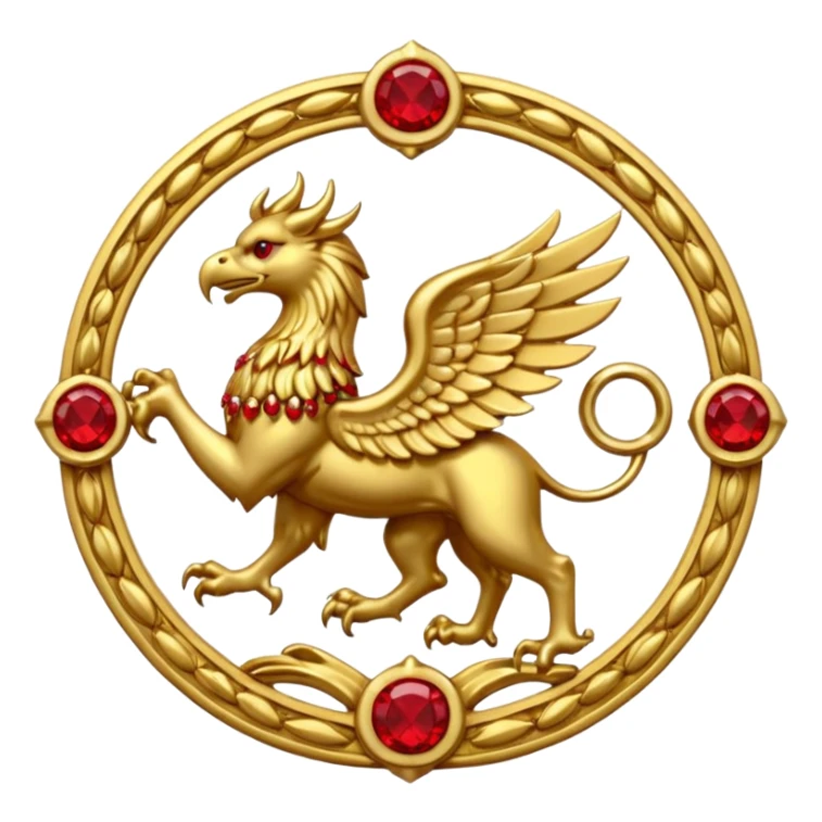 Golden griffin crest / brosch in a circle with red gems and no background sticker