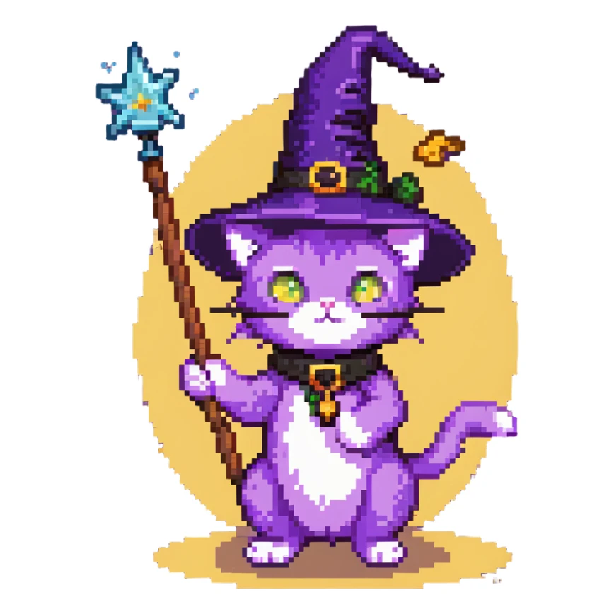 purple cat wearing a witch hat and holding a magic wand sticker