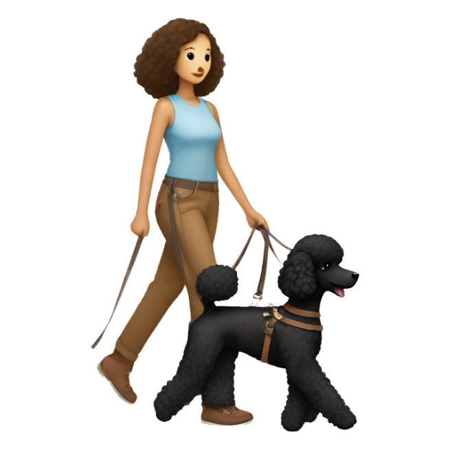 3 legs One Small unshaved Black Poodle with brown harness is walking with Korean girl sticker