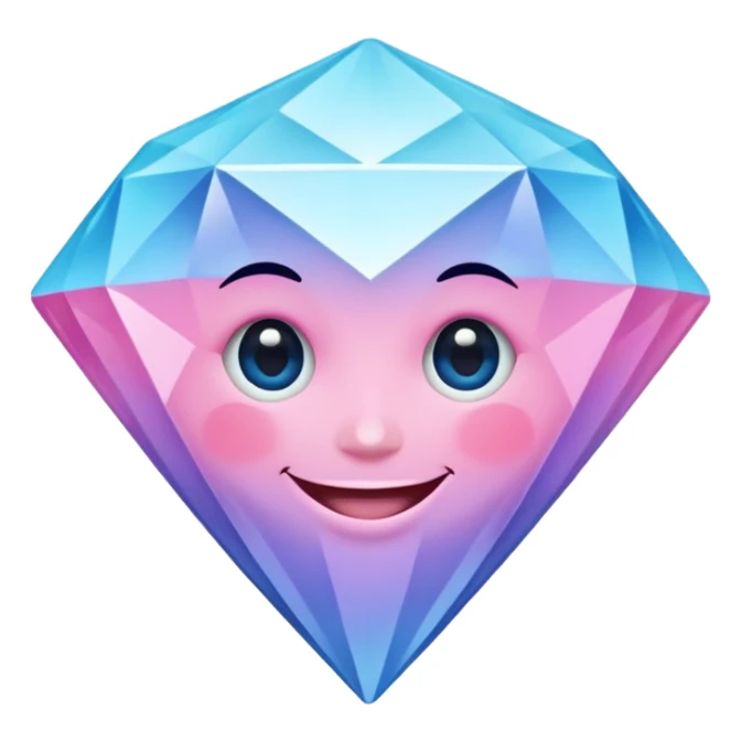 A cheerful diamond logo with a black outline and a smiling face, set against a pastel gradient of pink, blue, and lavender. Smaller diamonds surround it, forming a larger diamond pattern. Playful yet sleek, perfect for branding, digital media, or a fun, eye-catching emblem. sticker