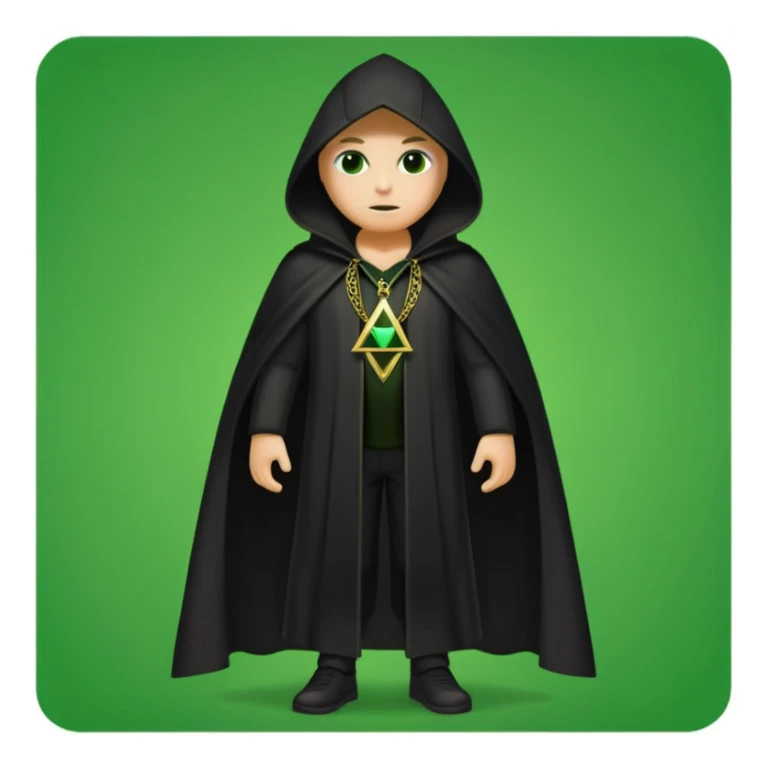 illuminati shadow figure standing in black cloak with gold triangle necklace, green background sticker