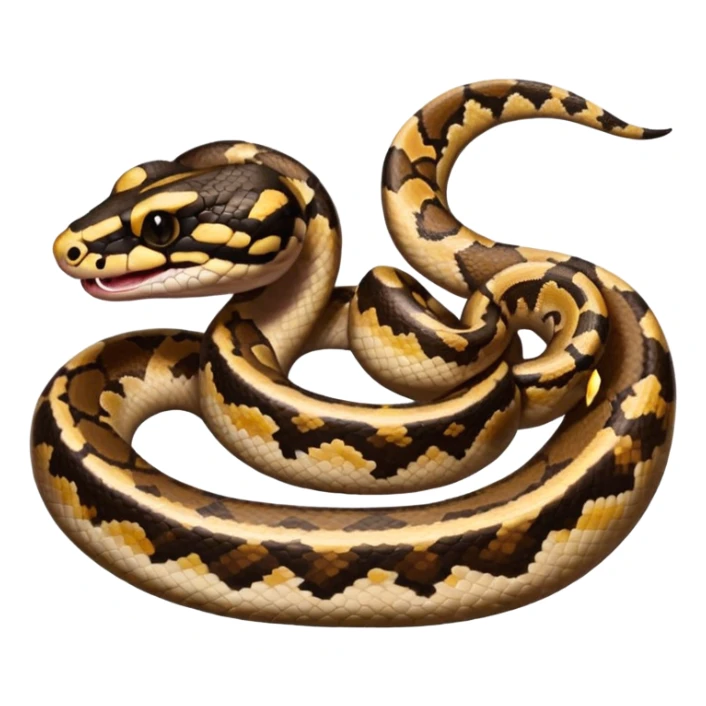 A close-up 3/4 view of the Ball Python with the front half raised slightly in an S-shape and its tongue flicking out. The head is angled curiously toward the viewer, showing both personality and motion. sticker