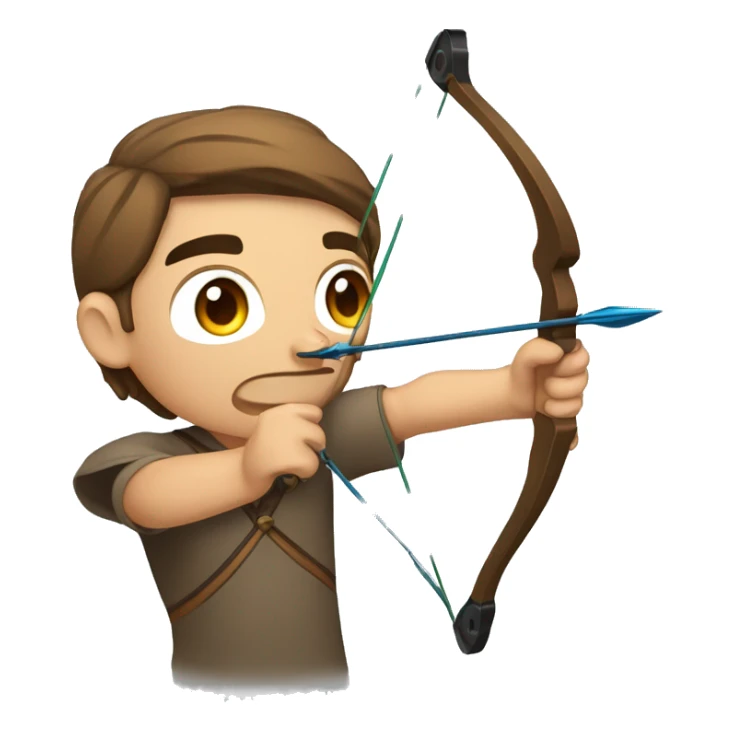 a male archer aiming with a bow looking at his target, wearing a tshirt, brown hair, bright skin, sticker