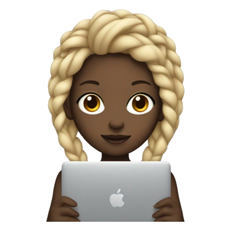 Dark skinned girl with blonde braids holding a macbook sticker