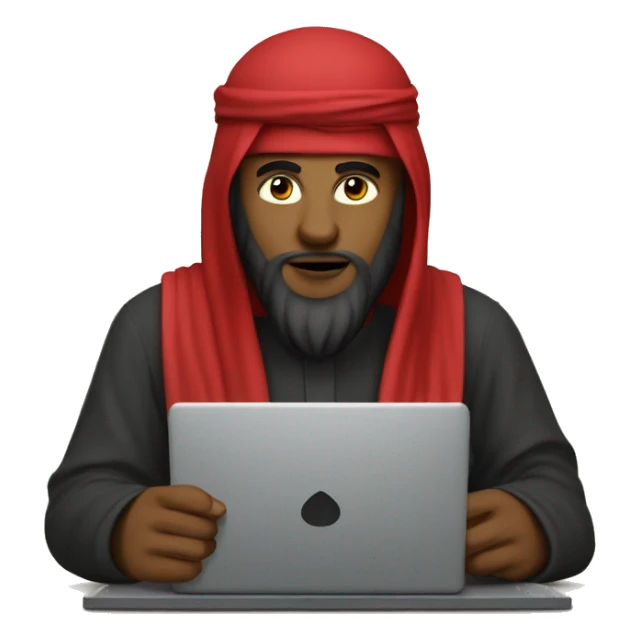 A caliph with red clothes writing in a laptop sticker