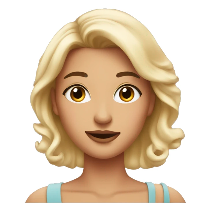 A pretty woman with blusher is pointing to the text next to her sticker