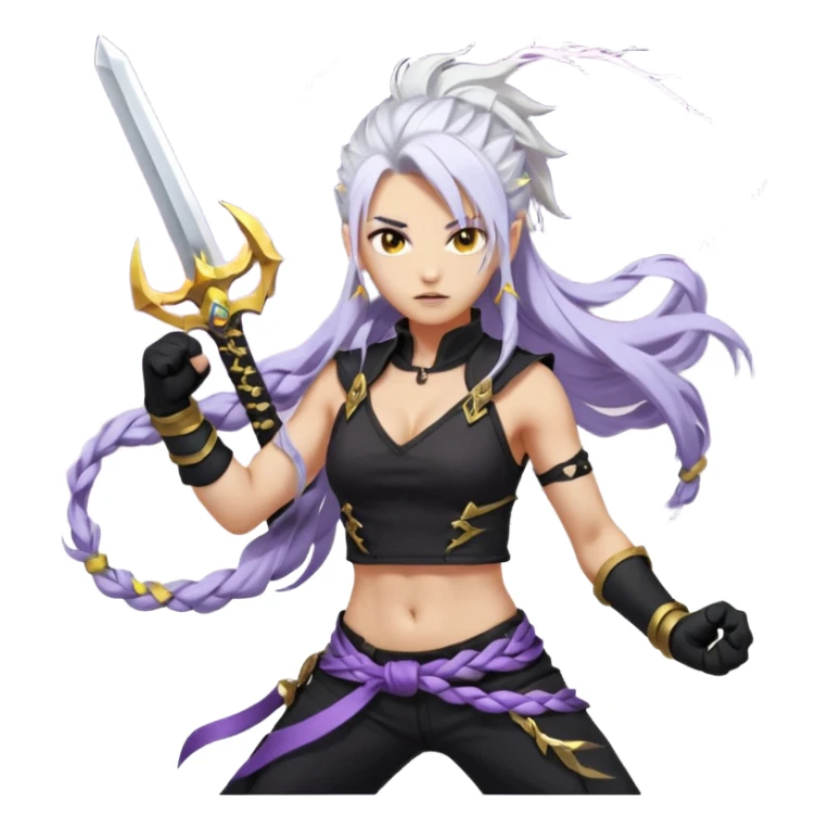 A sword maiden, mohawk, long braid white hair with lavender and tips long messy bangs one side, gold yellow eyes, black crop top, with both fighting gloves up in defensive ready pose, delivering a lightning quick vertical upwards front kick with volcanic force sticker
