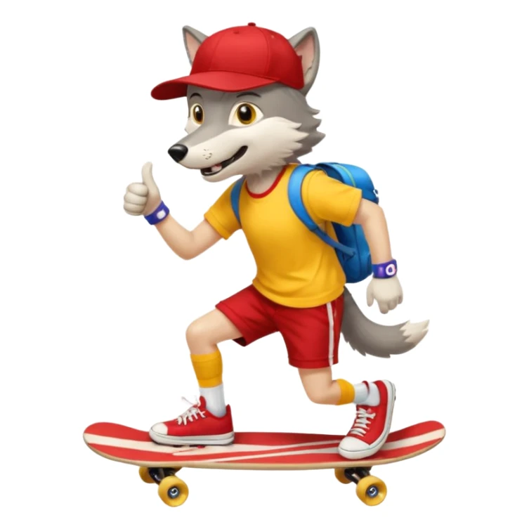 A gray wolf with large, expressive eyes and a friendly smile. The gray wolf is wearing a bright yellow T-shirt, red shorts, white knee socks, and sneakers. The baseball cap is worn backwards. The wolf holds a skateboard in one hand and gives a thumbs-up with the other, a confident and cheerful pose. sticker