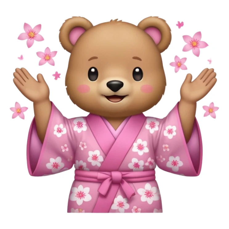 A cute light-brown bear wearing a pastel pink sakura-patterned kimono, normal balanced body ratio.  
Clapping hands cheerfully with a big bright smile and small spark effects around.  
Kawaii emoji style, minimalistic clean sticker illustration, white background.
 sticker