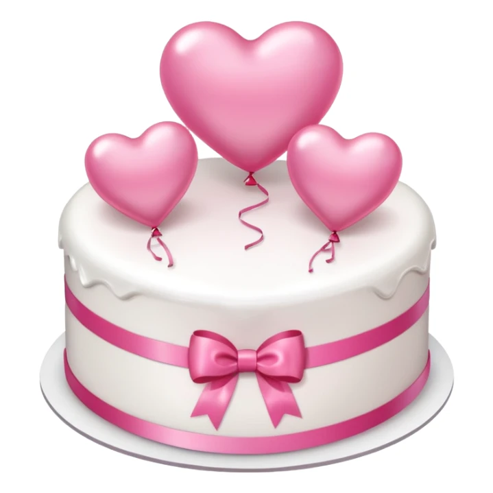 white heart shaped birthday cake with pink bow, pink balloons in background  sticker