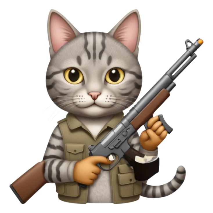 Gray tabby cat with a gun sticker