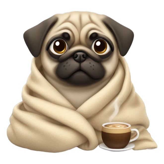 dog pug in a blanket with a cup of coffee sticker