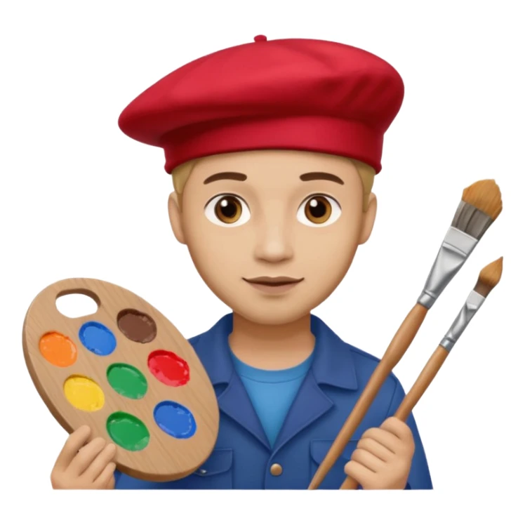 man artist with red beret and painter sticker
