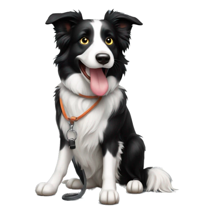 Border collie sitting down on leash from far with tongue out sticker