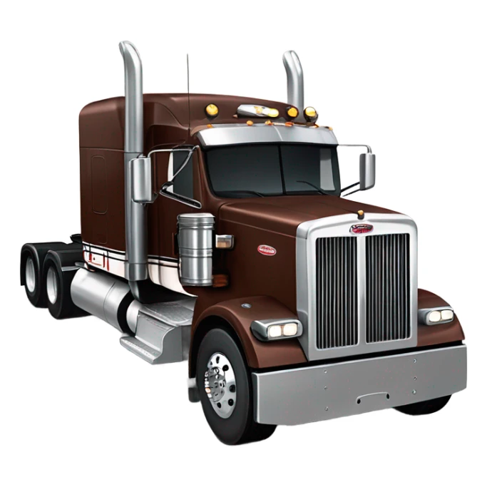 Peterbilt 389 brown cherry with flat top and slash cut exhaust stacks and dual rear tires and flat bumper sticker