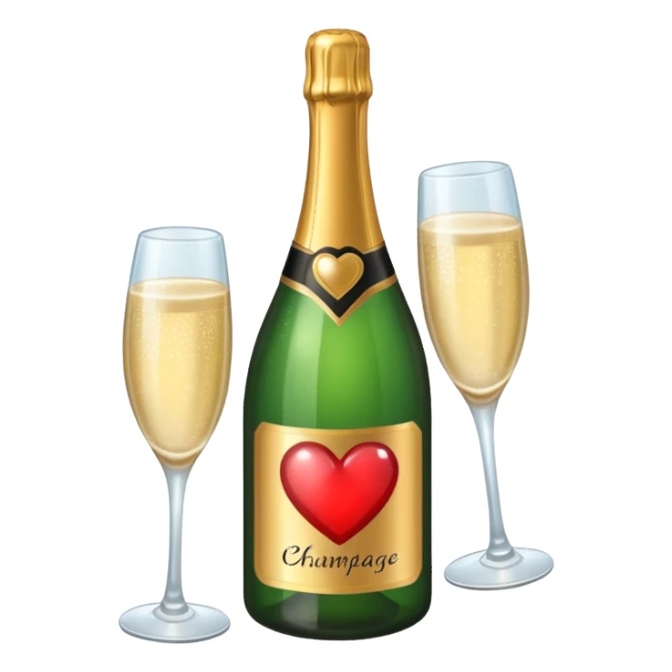 Draw a champagne bottle with a heart label using an isometric camera with a High-Angle Shot. sticker