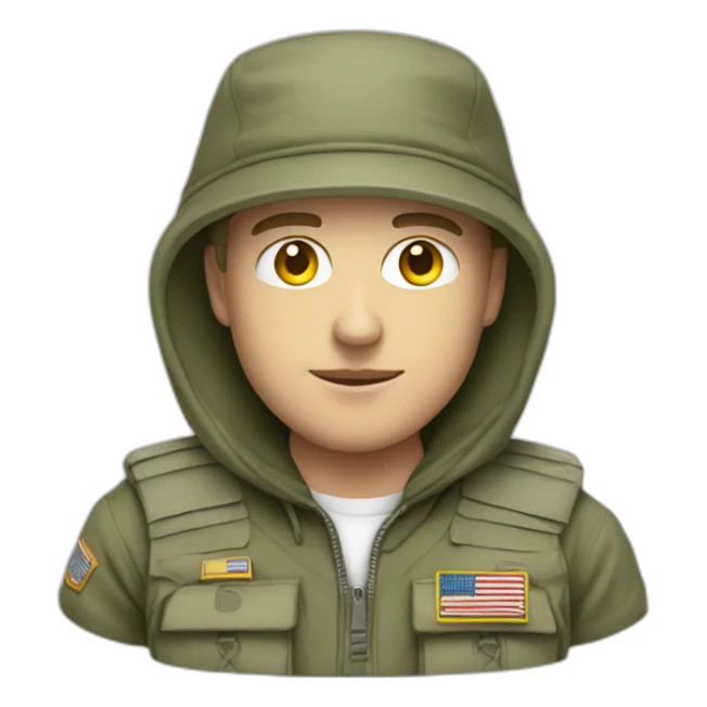 white guy with militay print hat and white hoodie and pants sticker