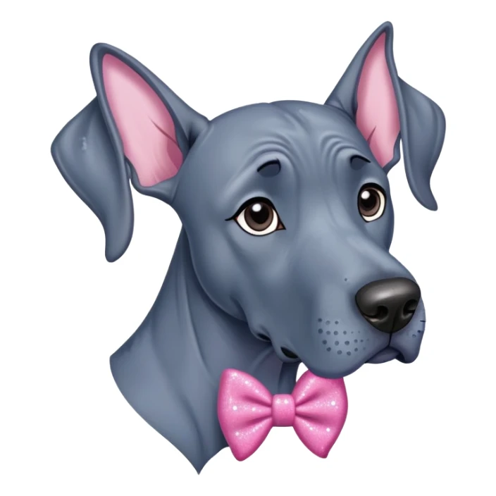 Blue Great Dane dog with a sparkly pink bow on one ear, cute cartoon style sticker