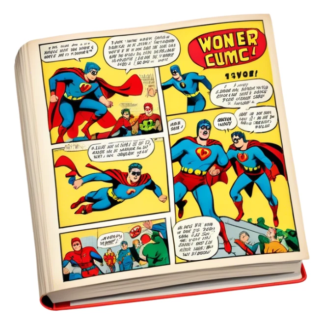Icon for Vintage American Comics: an open comic magazine with classic 1940s-1950s American comic art, featuring superheroes in bold, bright colors, with action panels and exaggerated speech bubbles. The icon should represent the nostalgic style of vintage comics. Transparent background. sticker
