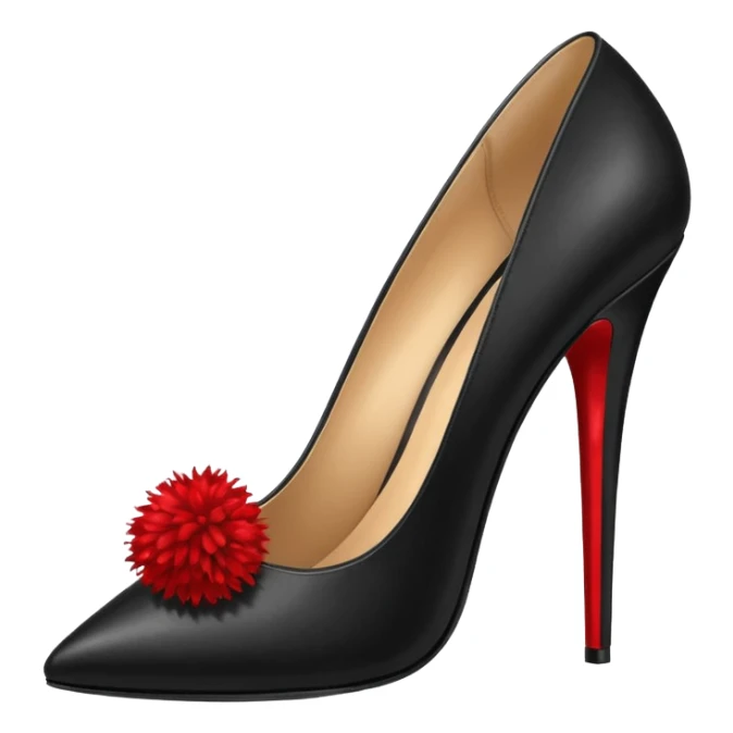 A pair of back high heels with a red Pom-pom sticker