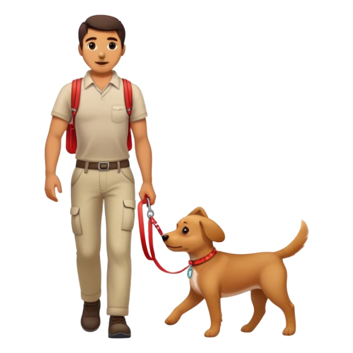 cute dog red leash on it's neck getting walked by man. sticker
