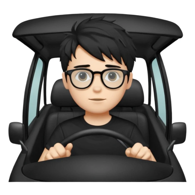 generate a pretty bratz fair skinned boy with black messy hair wearing a black tshirt driving. Glasses on.  sticker