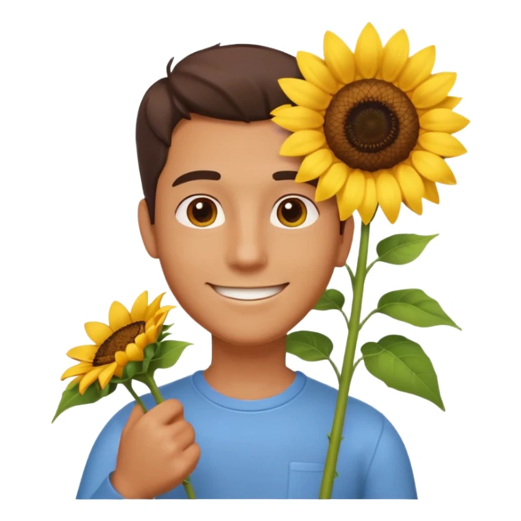 man holding a sunflower portrait, head and shoulders only, gentle smile, sunflower visible in hand, warm positive vibe, 3D cartoon style, mobile game icon style, clean background, no text, no watermark
 sticker