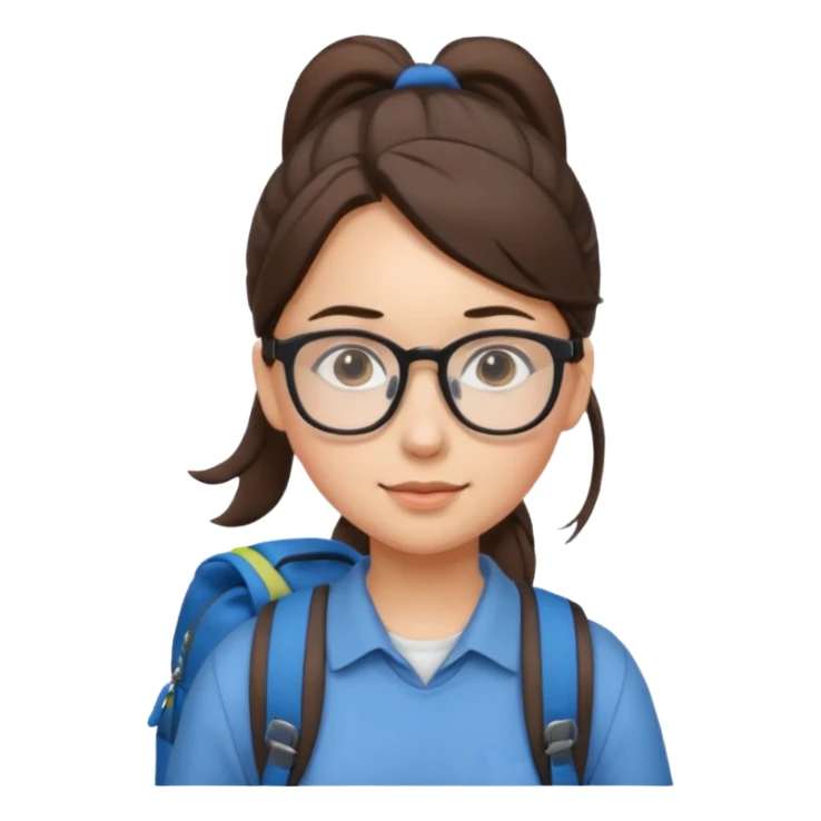 student brunet kid girl, ponytail wearing glasses with backpack sticker