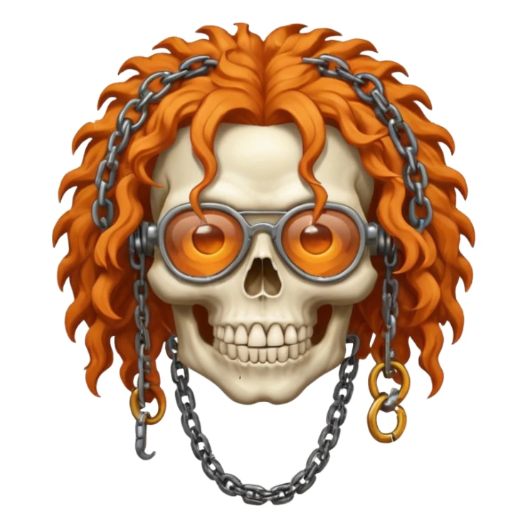 steam-punk Megadeth iconic iconic skull mascot with rusty glasses and chains on his teeth, orange curly huge hair sticker