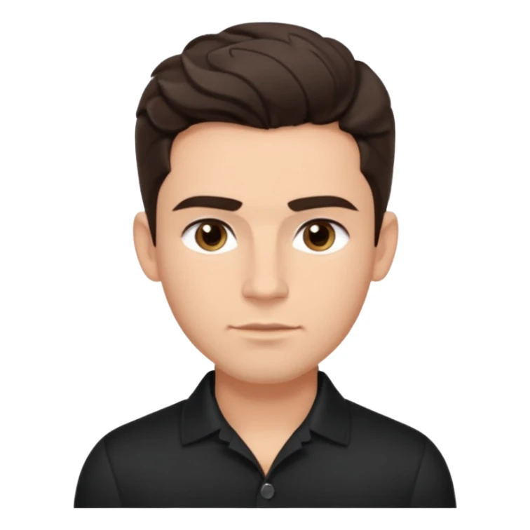 He’s a man with light to medium skin, a defined oval face, full brows, deep-set eyes, and wavy short dark brown tall hair styled with height, sides are trimmed. muscular. expression calm and focused relaxed black black button shirt open collar. polished, articulate, and coach vibe. tall hair tall  sticker