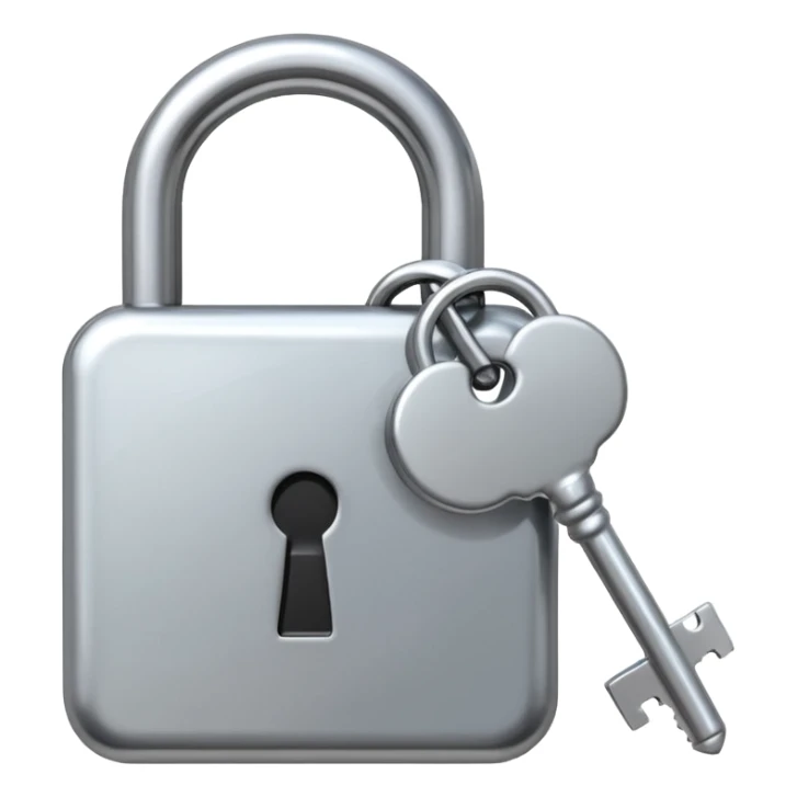 A chrome silver lock and key emoji, smooth metallic surfaces, glossy reflections, luxury swag vibe, minimal iOS emoji style, centered on clean white background sticker