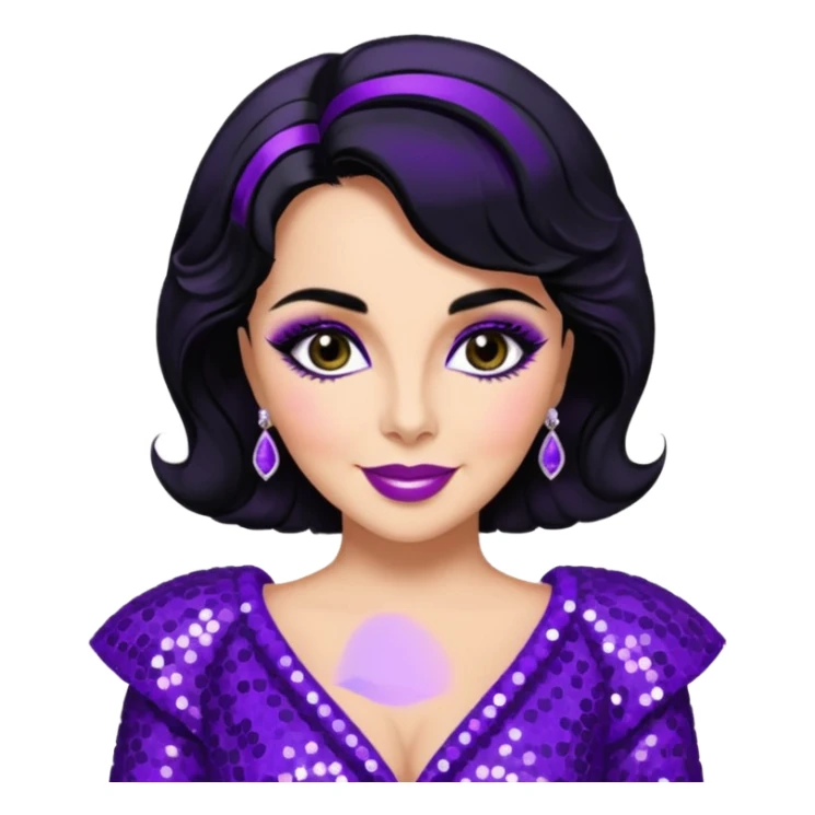 Elizabeth Taylor with black hair, purple sequin outfit sticker