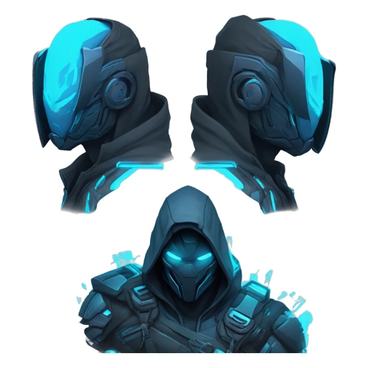 developer behind his laptop with this style : crysis Cyberpunk Riot Games Valorant neon glowing bright blue character blue black hooded assassin themed character sticker