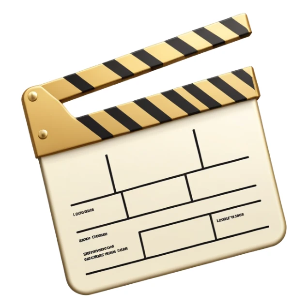 ultra simplified movie clapper with gold and white colors, two simple rectangles with a diagonal line sticker