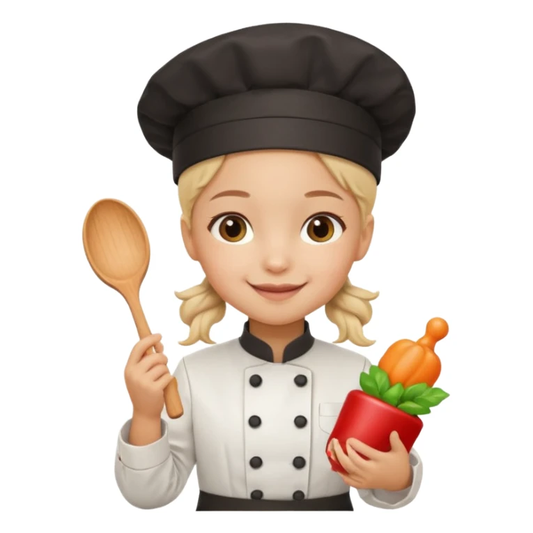 girl kid italian chef, uniform, holding toy sticker