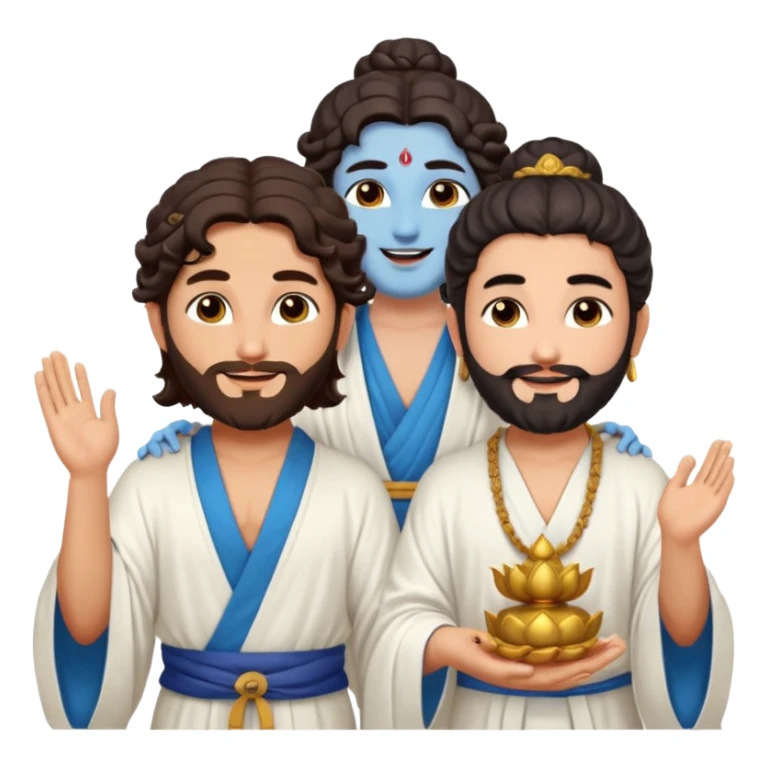 Create a Jesus - long wavy dark-brown hair, short beard, wearing a simple white robe., Krishna- blue skin with dark curled hair , and Buddha standing together. Buddha: warm golden or light tan skin, dark curled hair with a traditional top bun (ushnisha)

 sticker